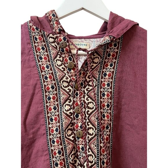 Earthbound Trading Company Top Linen Blend Hooded Small Fringe Geometric S/S - Picture 13 of 16